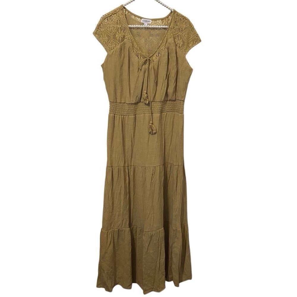 Luxology Women's Large tan Bohemian Maxi Dress tiered cottage-core festival lace